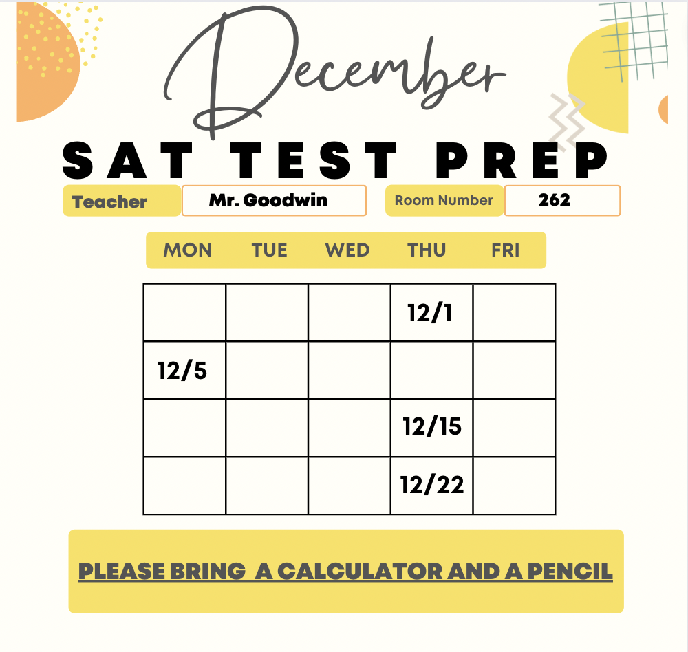 SAT Test Prep After School for Pinelands Students - December 2022 Calendar