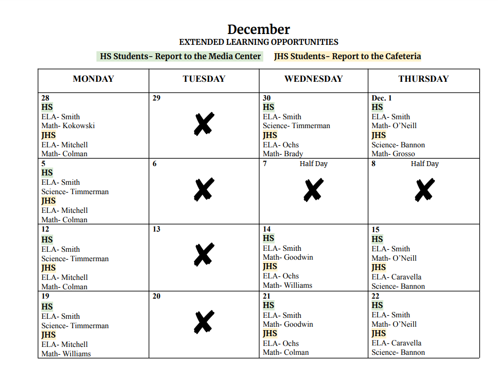 December After School Help Calendar 2022